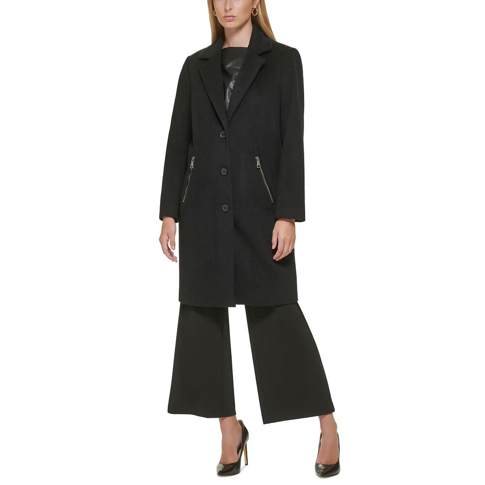 DKNY Black Wool Blend Coat Button-Front Zip-Pocket Walker Faux Leather Trim Sz S